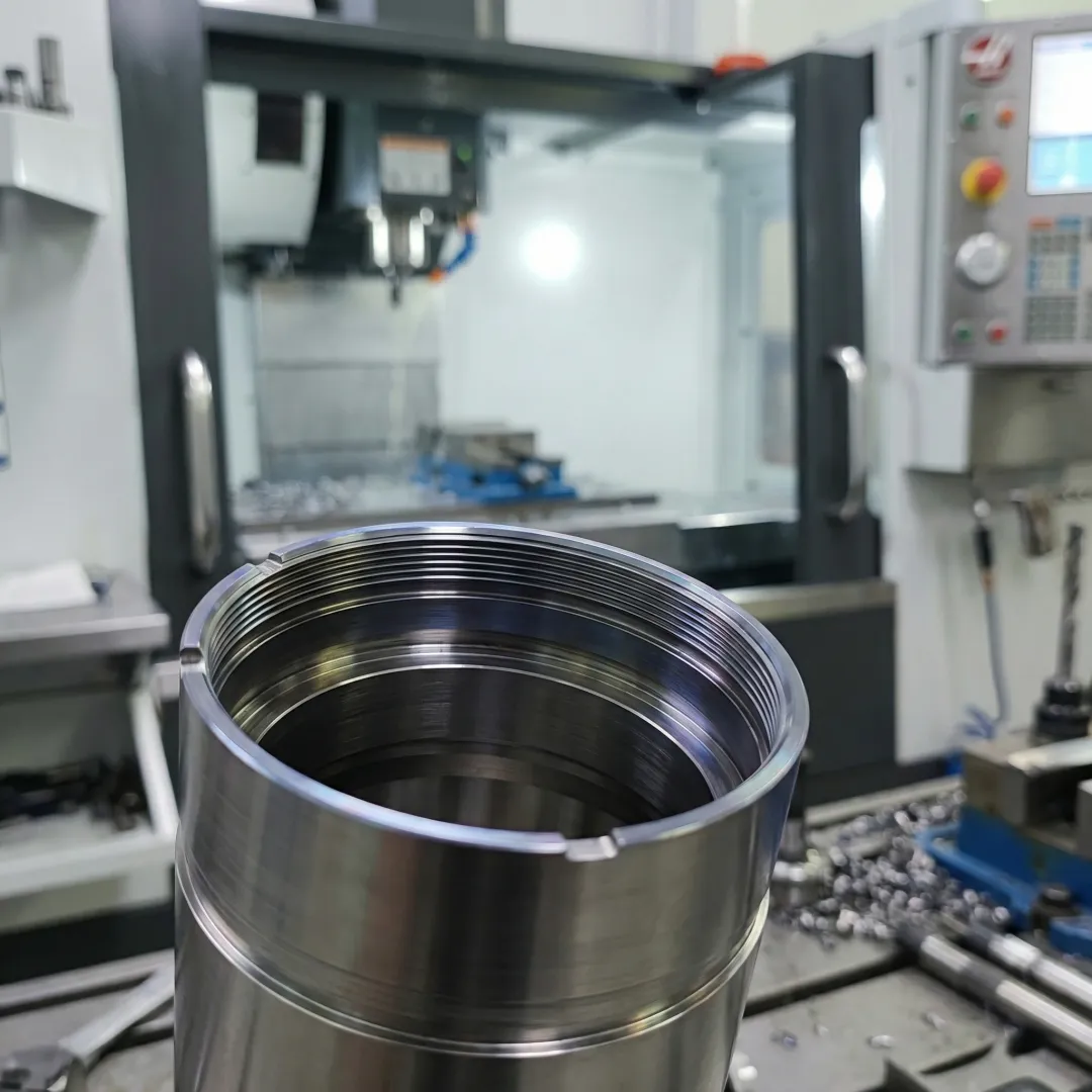 Close-up of a precision-machined titanium aerospace component produced on a CNC milling machine