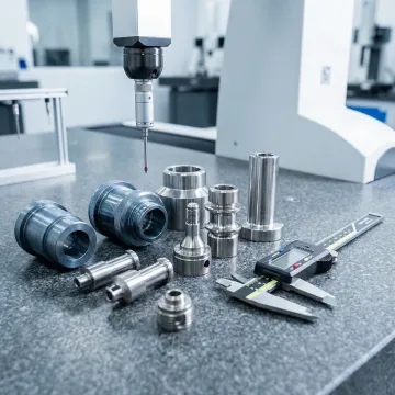 Precision machined metal components laid out for quality inspection in a certified CNC machine shop
