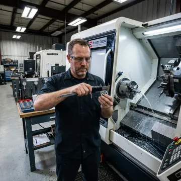CNC turning operator inspecting precision machined parts