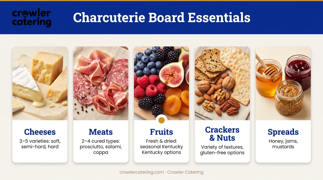 Wedding charcuterie board component categories with selection guidelines and pairing recommendations