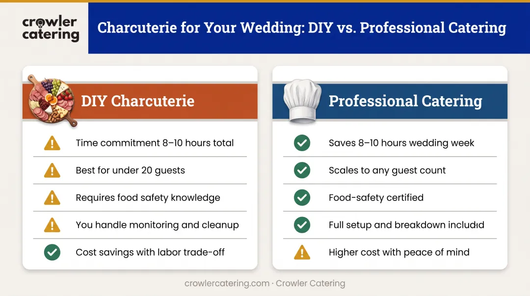 DIY versus professional catering decision comparison for wedding charcuterie boards
