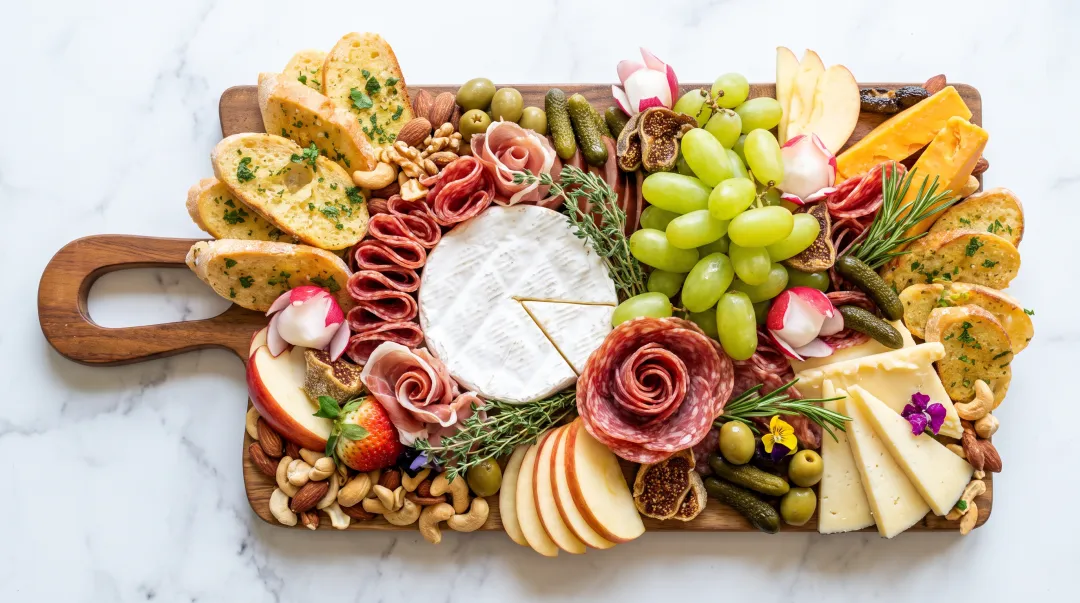 Elegant wedding charcuterie display on marble serving board with decorative arrangement