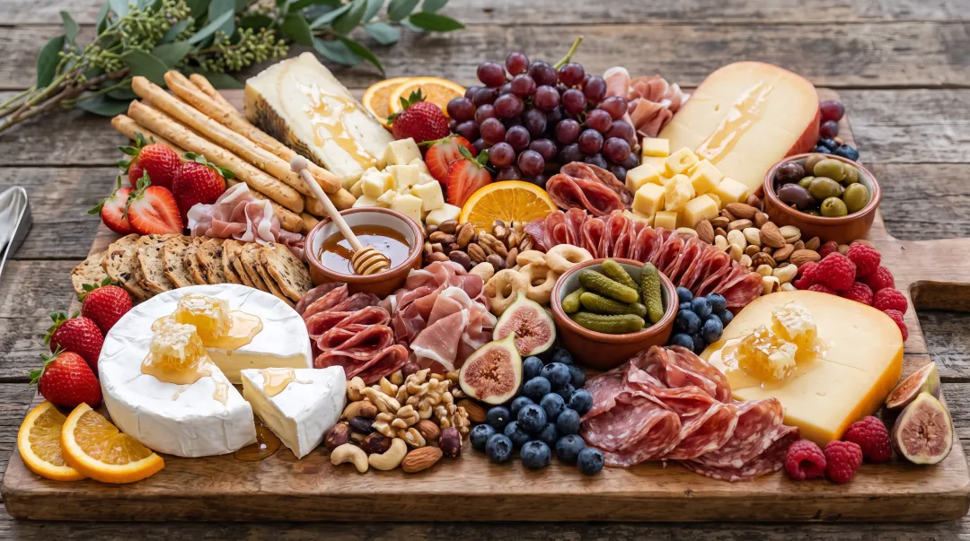 Artisan charcuterie board featuring Kentucky cheeses cured meats seasonal fruits and honey