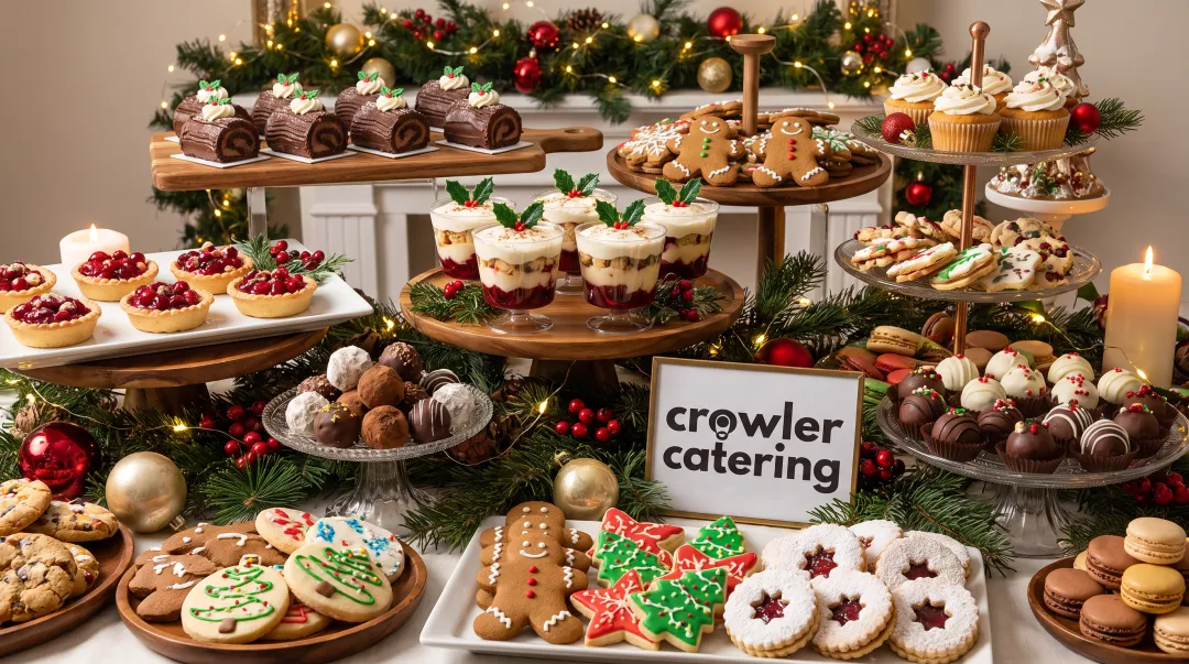 Festive Christmas dessert spread with cheesecake cookies and holiday treats on tiered display