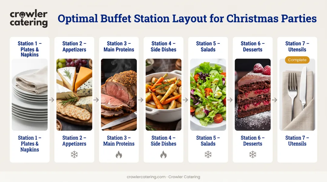 Christmas buffet setup diagram showing optimal station flow from appetizers to desserts