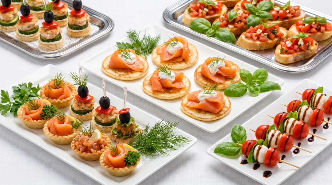Elegant wedding cocktail hour display with classic canapes including smoked salmon blinis and bruschetta