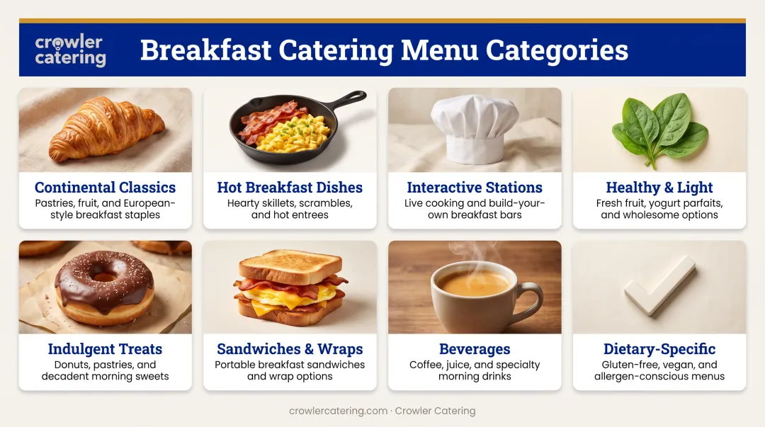 Eight breakfast catering menu categories from continental classics to dietary-specific selections
