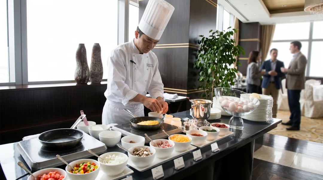 Chef preparing custom omelets at interactive breakfast station with fresh ingredients