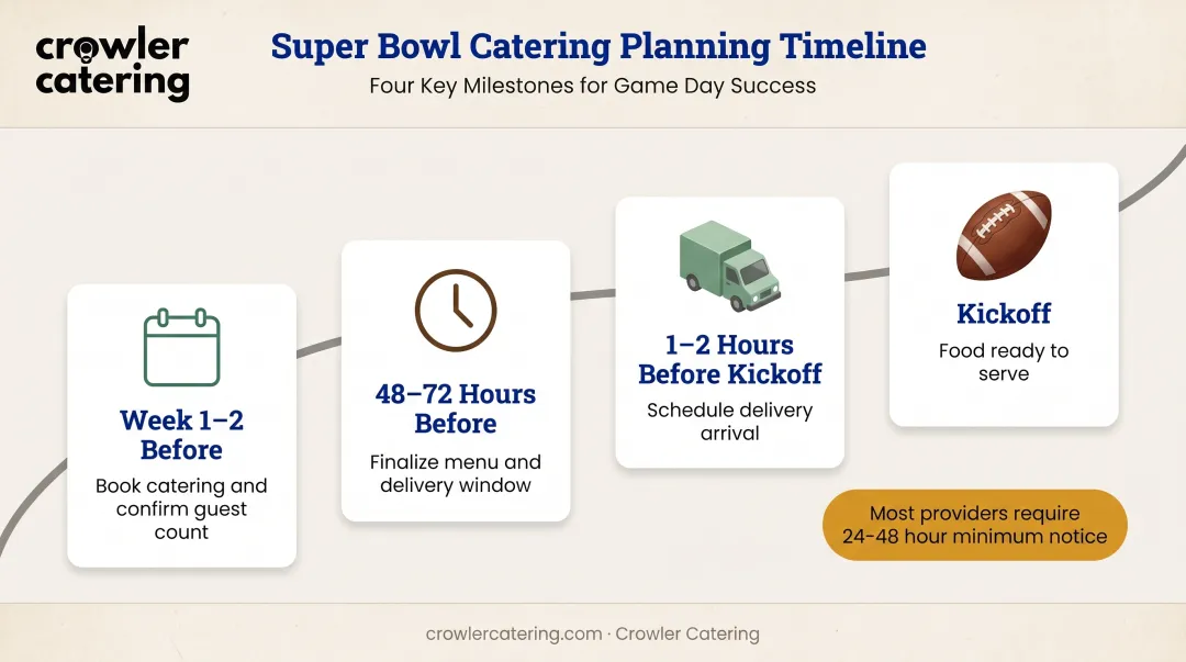 Super Bowl catering timeline from booking to kickoff with key milestones