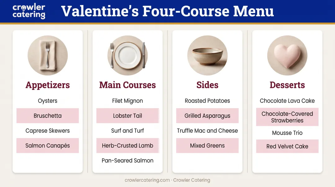 Valentine's Day catering menu planning guide with appetizers mains sides and desserts breakdown