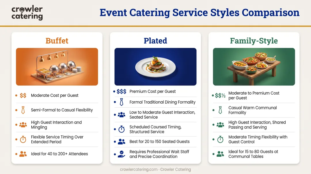 Buffet versus plated versus family-style catering service comparison chart with cost formality and staffing