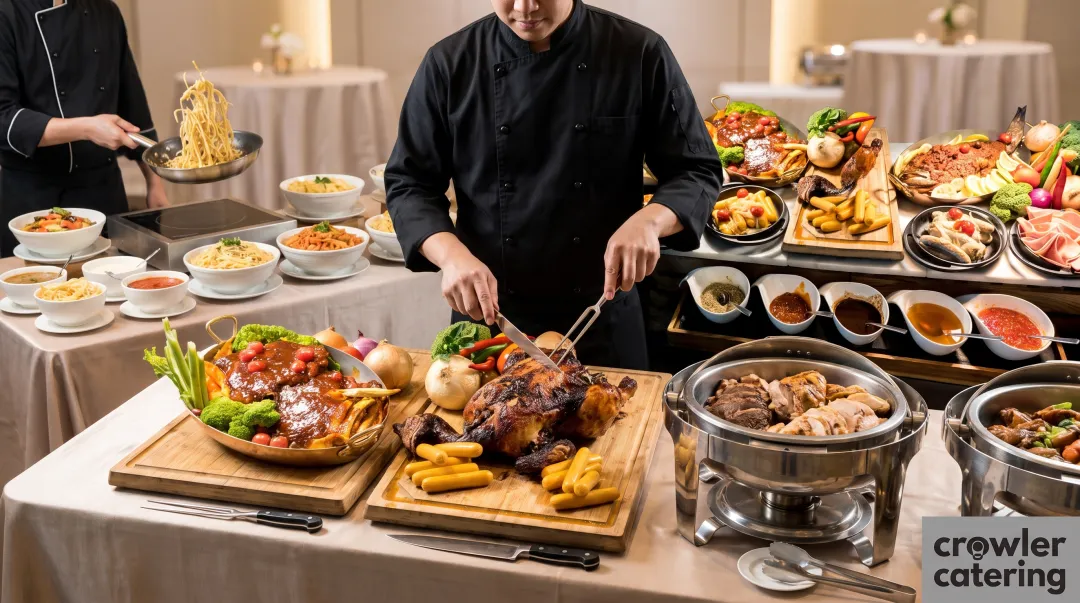 Multi-station buffet setup with carving station pasta bar and action cooking areas at catered event