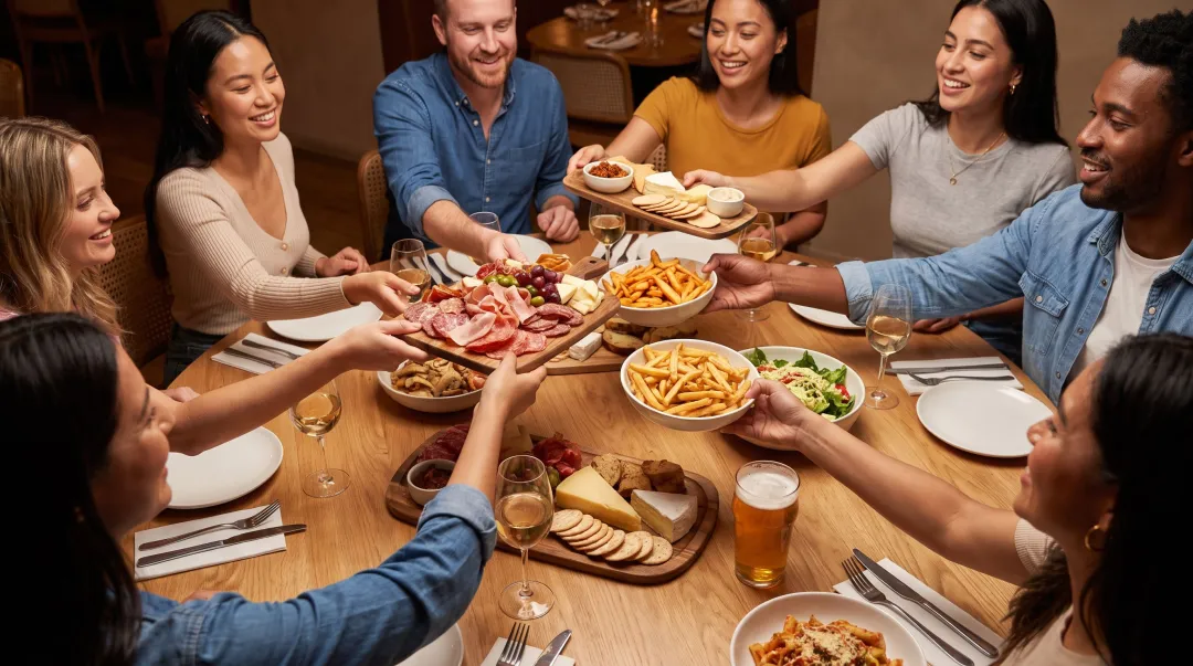 Family-style dining table with shared platters bowls and guests passing food at wedding reception