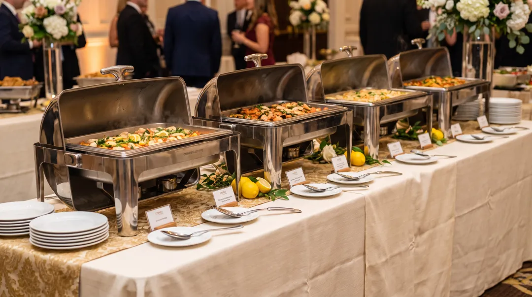 Elegant buffet service setup with chafing dishes professional linens and organized food display