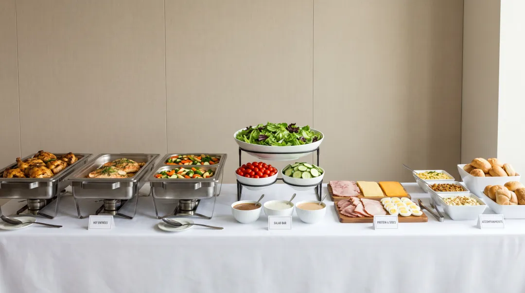 Corporate lunch buffet spread with multiple protein options salad bar and side dishes