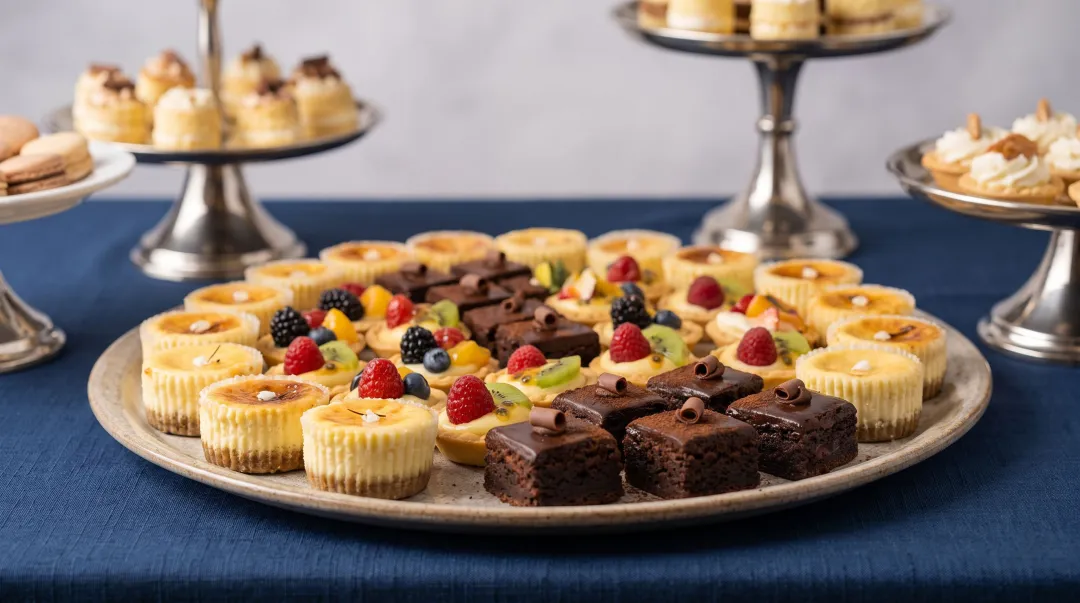 Elegant corporate dessert display with individual portions mini cheesecakes and chocolate mousse cups