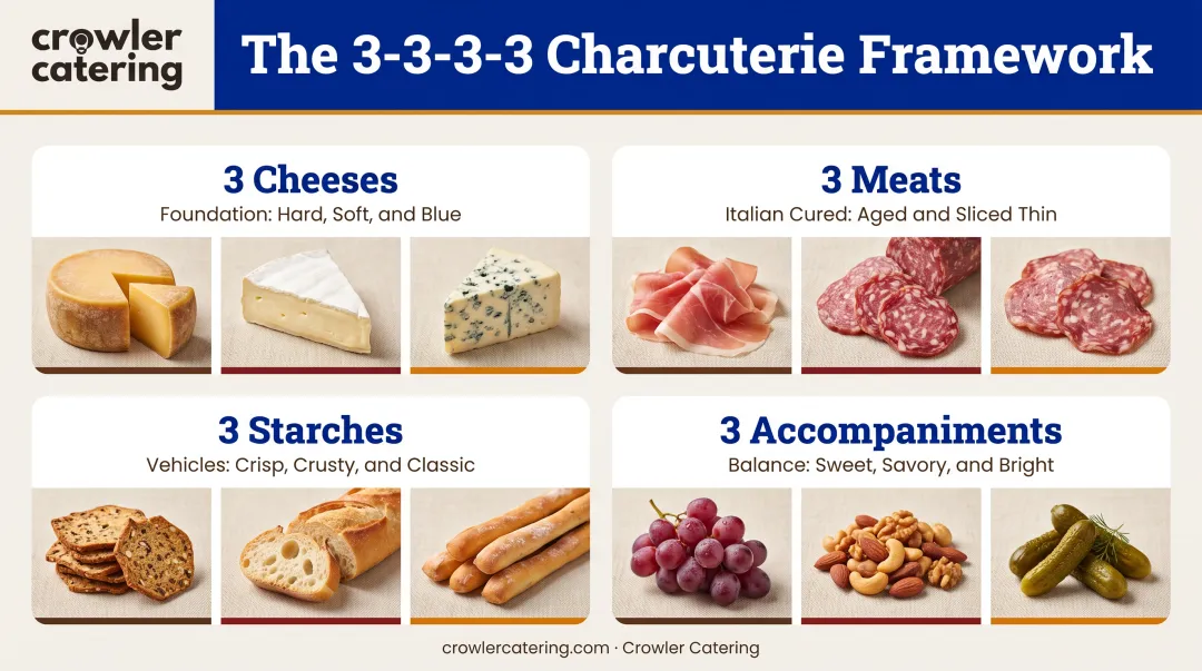 3-3-3-3 charcuterie board shopping framework showing four categories with examples
