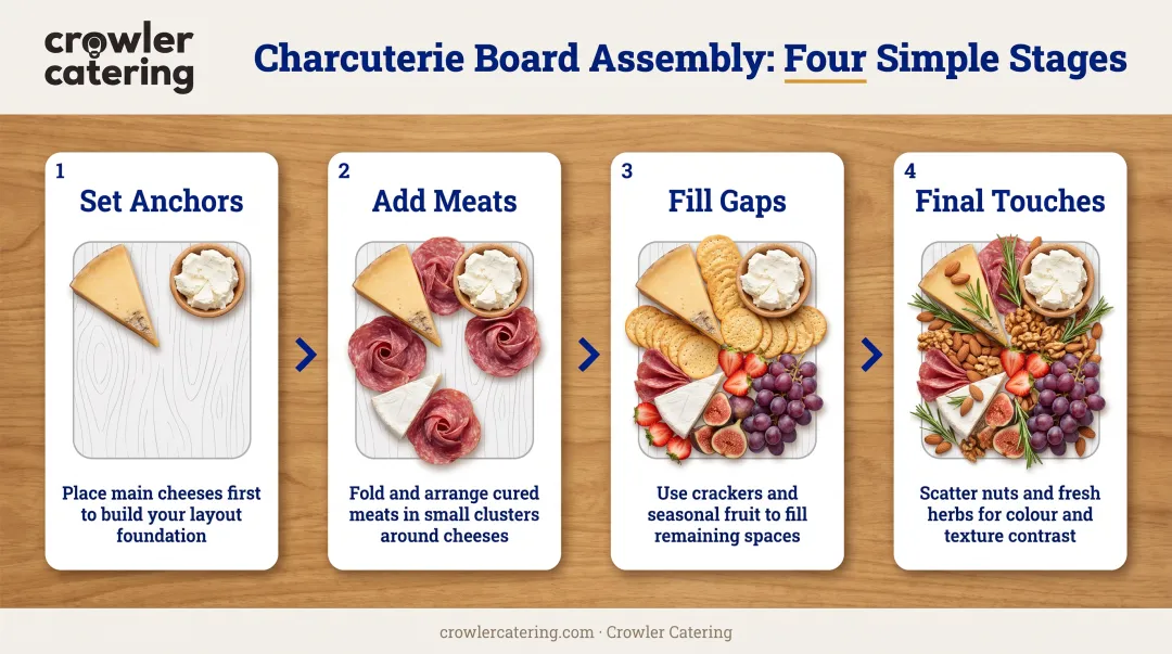 Step-by-step charcuterie board assembly process from foundation to finishing touches