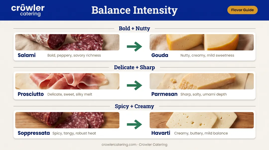 Cheese and meat pairing guide showing complementary flavor combinations