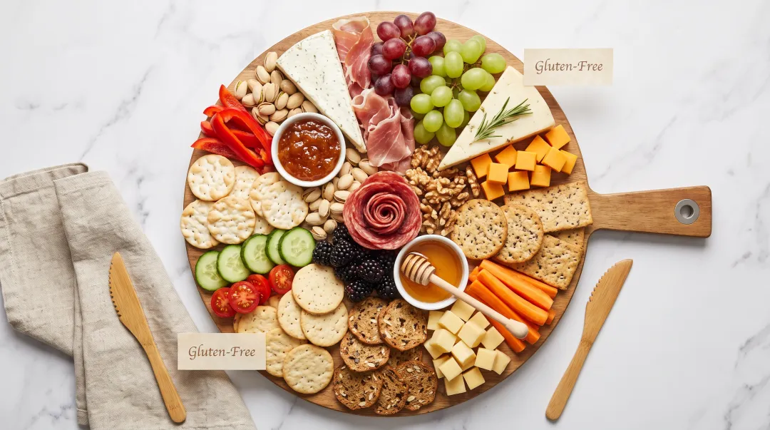 Beautifully arranged gluten-free charcuterie board with certified crackers vegetables and cheeses