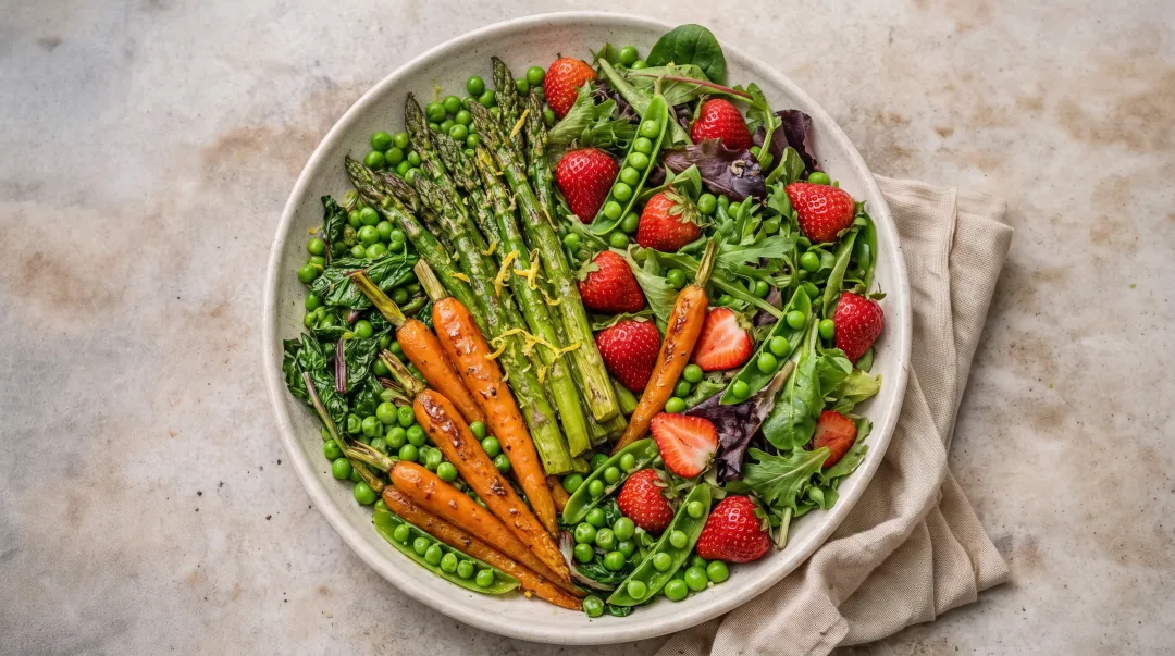 Colorful spring vegetable platter with roasted asparagus carrots and fresh greens for Easter brunch