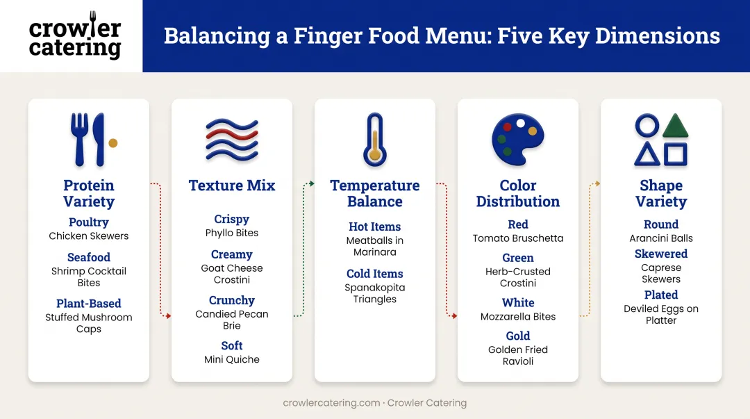 Five-dimension finger food menu balance framework showing protein texture temperature color and shape categories