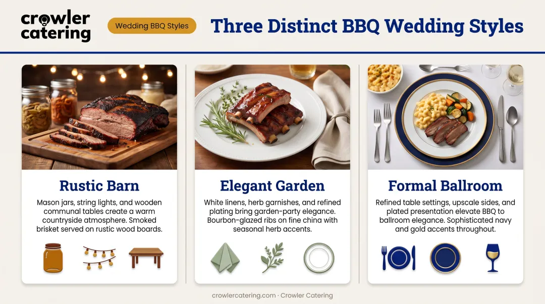 Three BBQ wedding style comparisons showing rustic barn elegant garden and modern formal setups