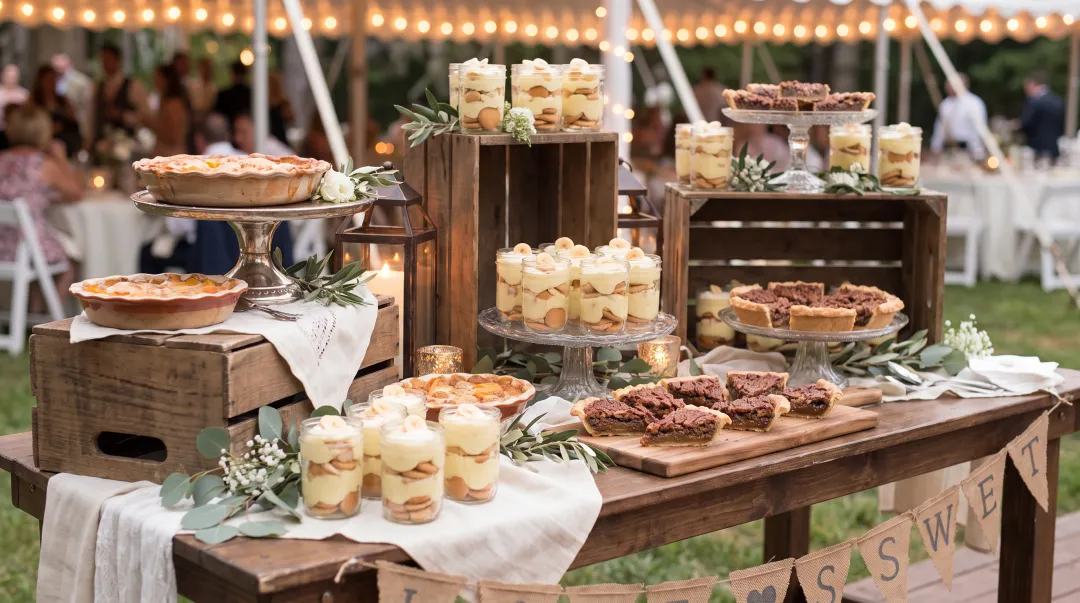 Wedding buffet dessert station with peach cobbler banana pudding and mason jar presentations