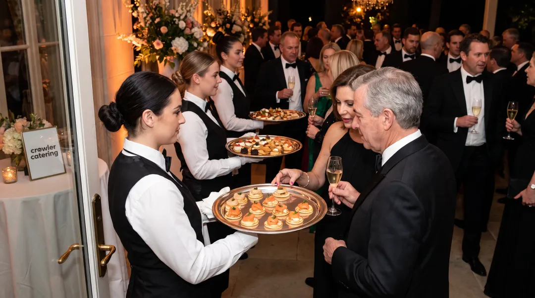 Professional catering staff passing elegant canapé trays at Louisville corporate event reception