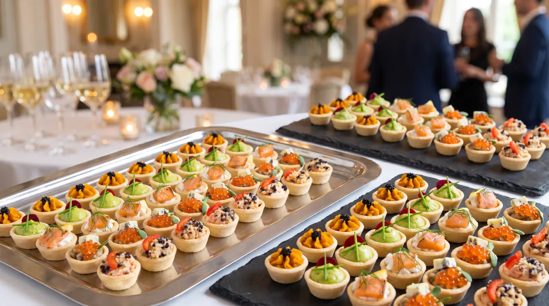Elegant wedding reception canapé display with smoked salmon blini and prosciutto crostini