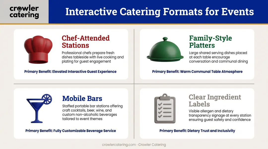 Four interactive holiday catering station formats comparison showing chef-attended stations family-style service mobile bars and dietary labeling