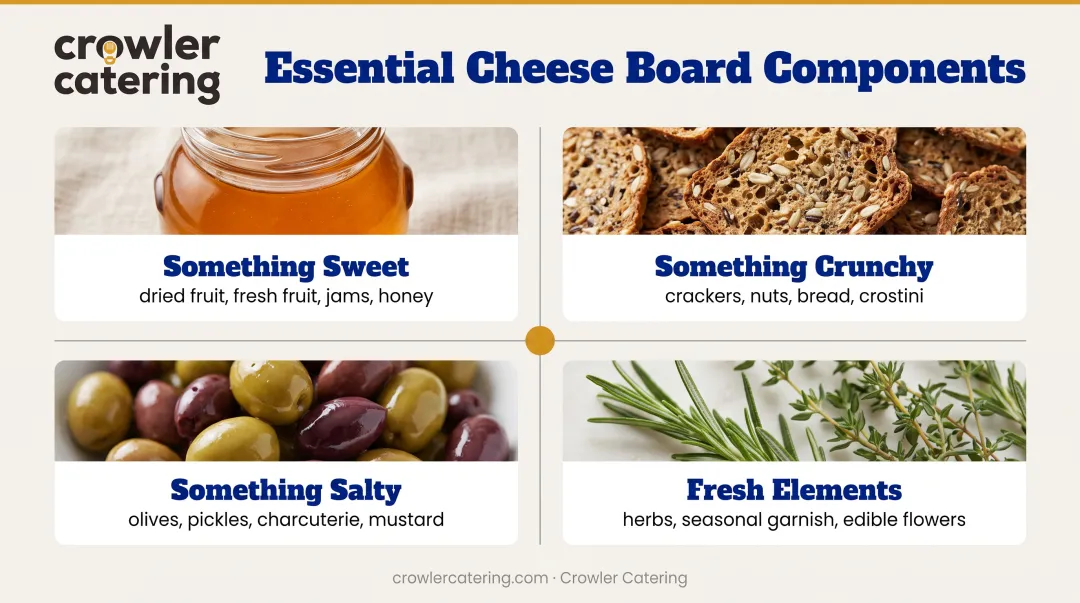 Four essential cheese board component categories with pairing examples and placement tips