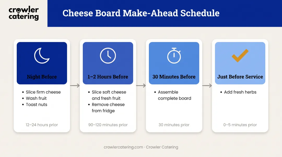 Cheese board preparation timeline from 24 hours before to service time
