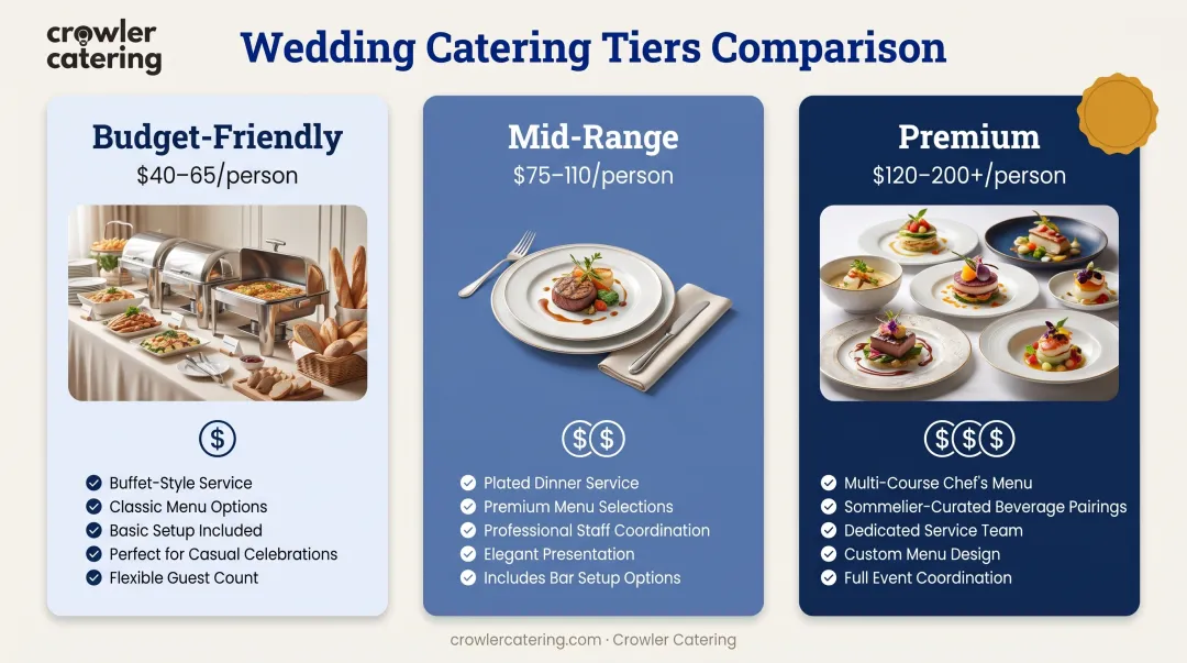 Three-tier wedding catering price breakdown from budget to premium service levels