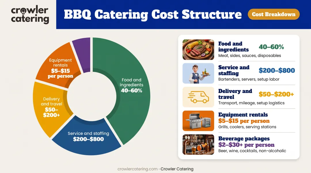 Complete BBQ catering cost breakdown showing five expense categories and percentage ranges