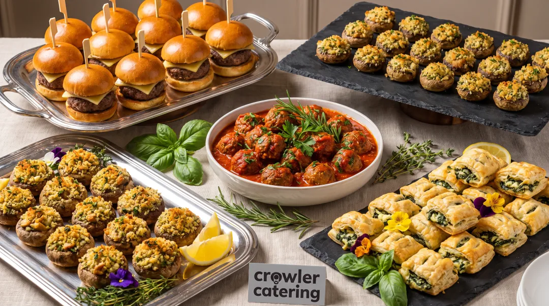 Assorted hot appetizers including sliders stuffed mushrooms and puff pastry bites on serving platters