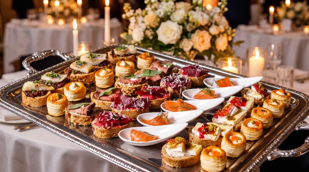 Elegant passed appetizer display showing mini crab cakes caprese skewers and bacon-wrapped dates on serving platter