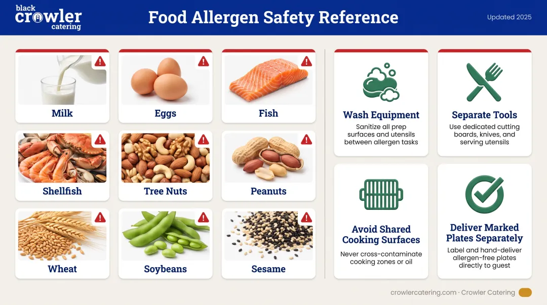 Nine FDA major food allergens with icons and cross-contact prevention protocols for wedding catering