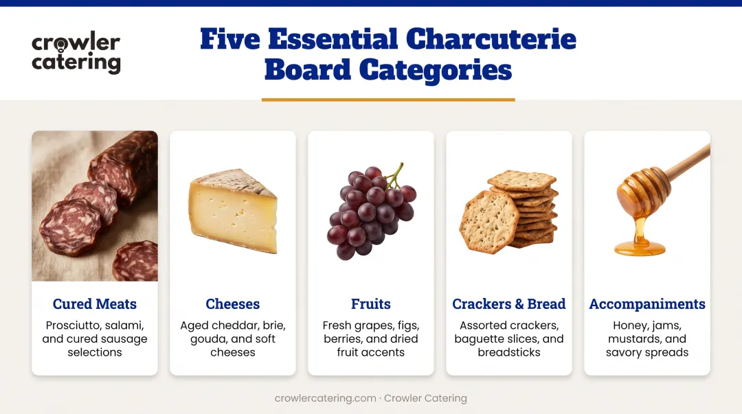 Essential charcuterie board components breakdown showing five categories with icons