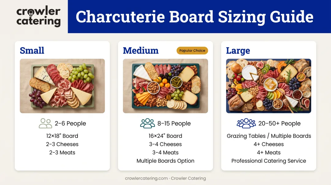 Charcuterie board sizing guide comparing small medium and large event requirements