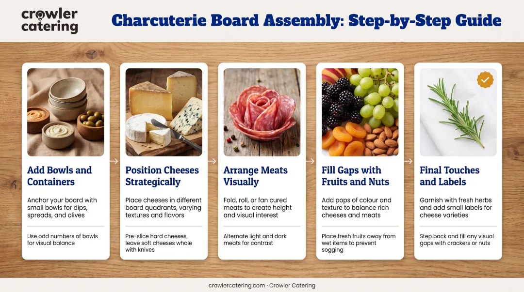 5-step charcuterie board assembly process from bowls to final garnish