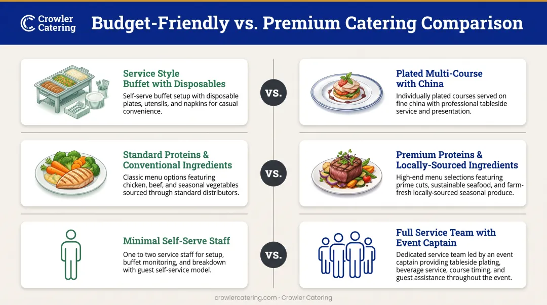 Low-cost versus high-cost catering side-by-side comparison across three key dimensions