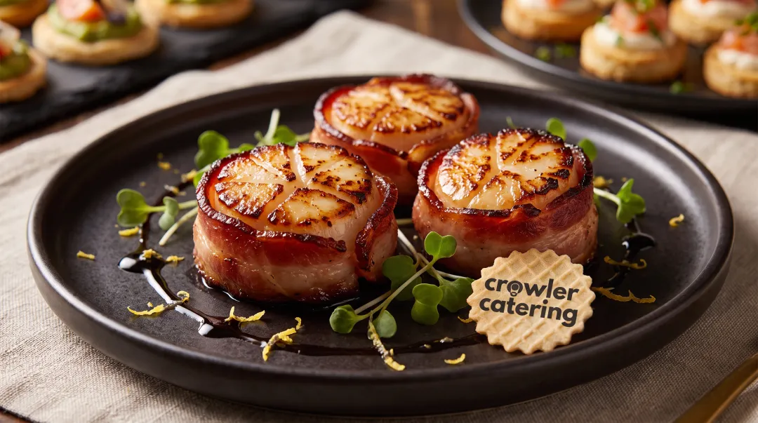 Bacon-wrapped scallops with caramelized edges on white serving plate with garnish
