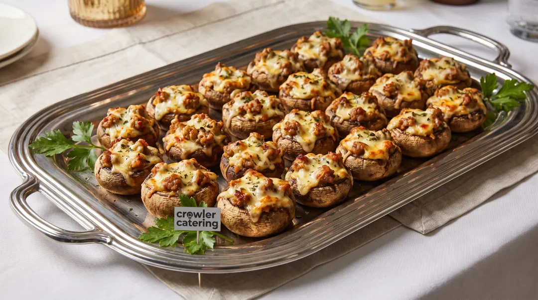 Stuffed mushroom caps filled with sausage and cheese arranged on serving platter