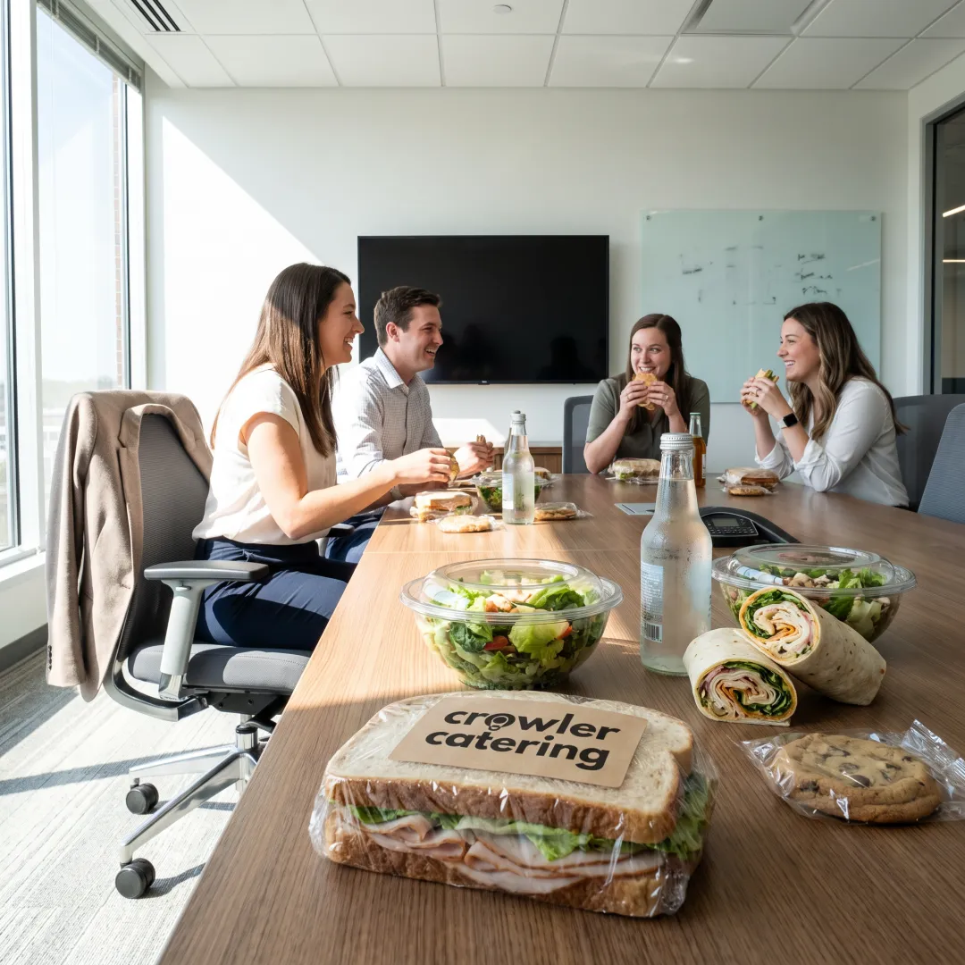 Corporate team enjoying a catered office lunch