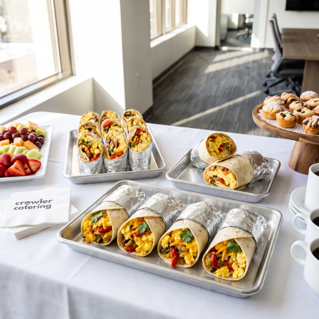 Breakfast burritos prepared for a catered group meal