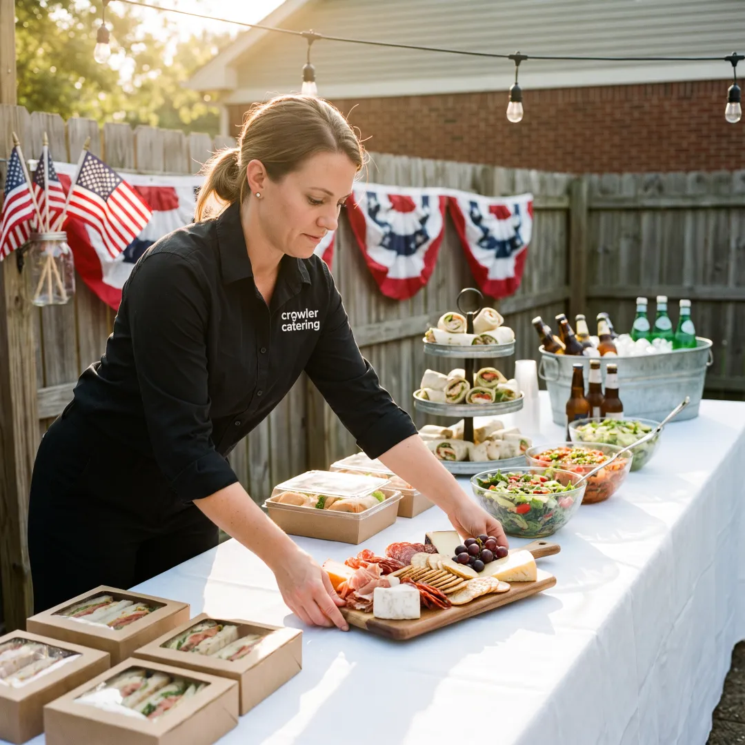 Caterer arranging a holiday party spread