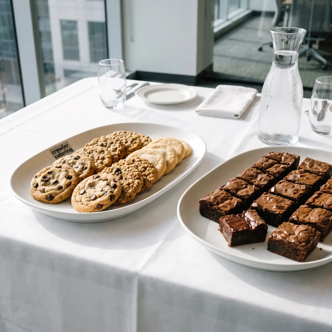 Assorted cookies and brownies arranged for a catered event