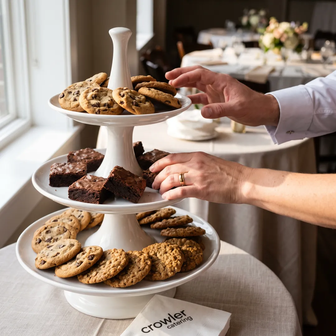 Wedding guests enjoying a styled dessert display