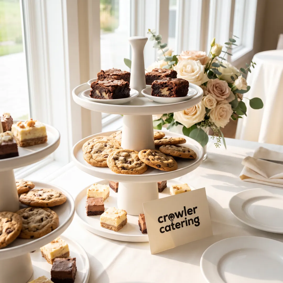 Elegant wedding dessert table with cookies and brownies